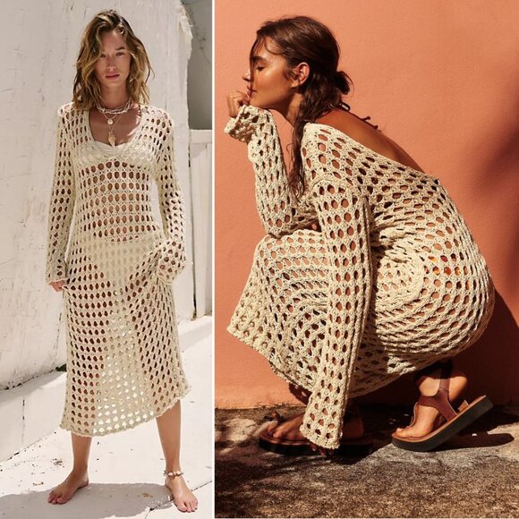 FREE PEOPLE Beach Sahara Sweater Midi Cover up DRESS Size S Cream Seed Pearl NEW - Picture 1 of 9